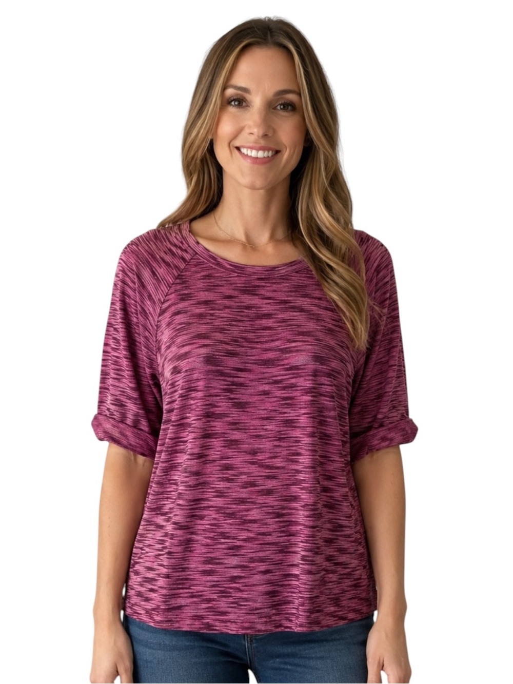 Ann Taylor Pink Space Dye Knit Top Size Large Dolman Sleeve Tee Shirt